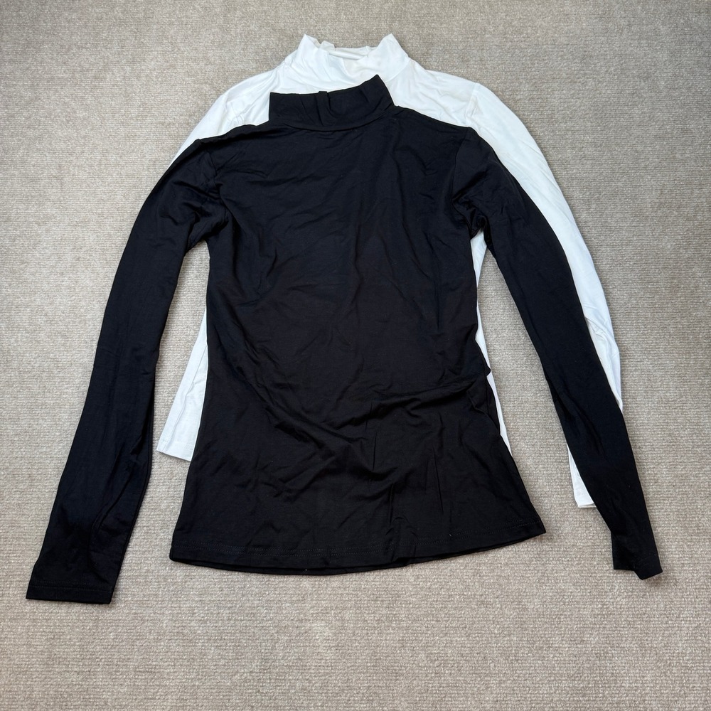 Set of 2 Womens M Black, White Long Sleeve Mock Neck Stretch Tops